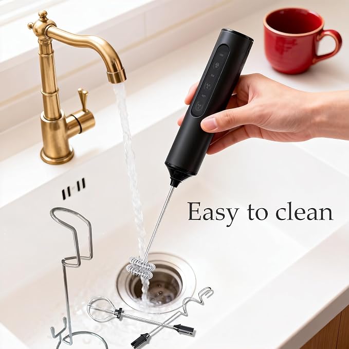 Rechargeable Handheld Milk Frother, USB-C Electric Mixer,5 Attachments | 3 Mixing Heads, 1Storage Box & 1 Stand, 3 Speed , low noise, for Coffee, Protein Shakes, Egg Whisk, Batter