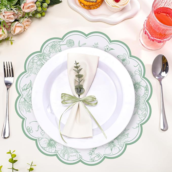 60 Pcs Sage Green Floral Paper Placemat, Disposable Scalloped Table Mat | 13.5 Inch Wedding Placemats,Vintage Floral Banquet Place Mats for Table Setting Wedding Bridal Tea Party Wildflower Party