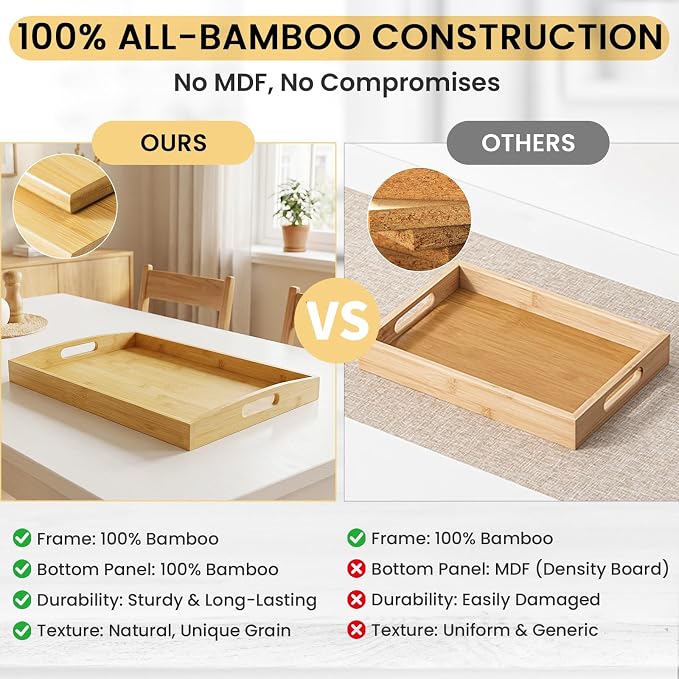 Bamboo Serving Tray Set of 3, Bamboo Trays with Handles | Decorative bamboo serving trays for serving, storage,kitchens, living rooms,bathrooms, outdoor scenarios and more