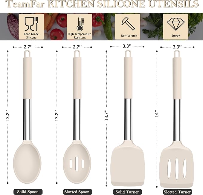 TeamFar Kitchen Utensils, 4 PCS Silicone Cooking Utensils Spatula Spoon Set | with Stainless Steel Handle, for Frying Mixing Draining Turning, Healthy & Heat-proof, Non-stick & Dishwasher Safe - Khaki