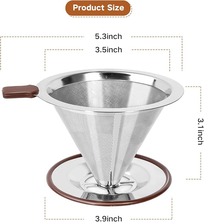 Pour Over Coffee Dripper, Reusable 304 Stainless Steel Filter for 1-4 Cup | Dual 304 stainless micro mesh, silicone heat handle, anti-slip stand, paperless reusable, easy clean for travel camping