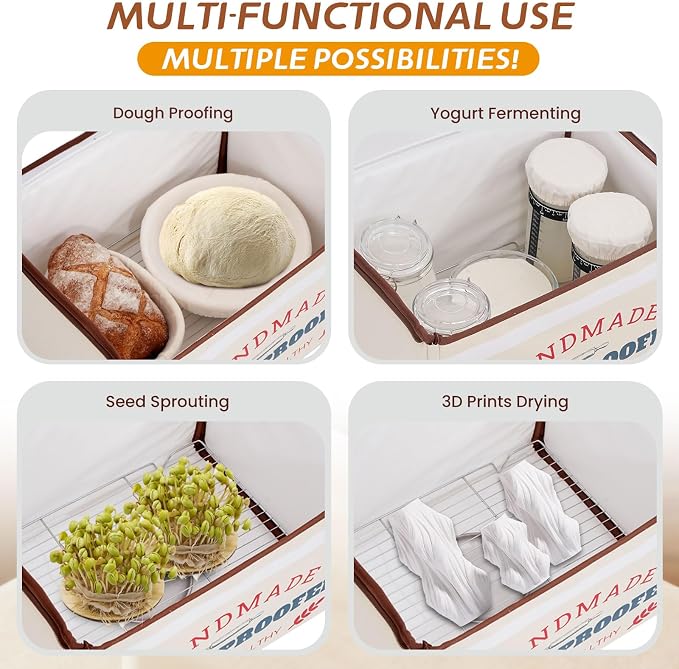 Bread Proofing Box with Heater 50-130°F 3-Sided Heat 24H Timer | Foldable heated fermentation box maintains 50-130°F with 3-sided heat for sourdough starter, pizza dough, yogurt and more