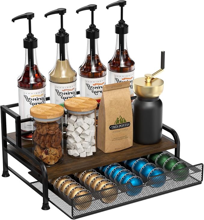 Coffee Syrup Rack Organizer, 3-Tier Pod Holder Drawer for Nespresso | Black Metal Rack for Syrup Bottles and Coffee Bar Storage, Holds 30 Big or 40 Small Capsules, Space-Saving Countertop Design