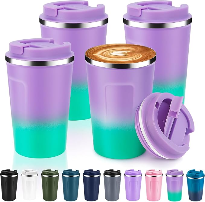 Volhoply 12 oz Double Wall Insulated Vacuum Travel Coffee Mug with Flip Lid Bulk 4 Pack,Reusable Stainless Steel Leak Proof Coffee Cup,Portable Thermal Tumbler for Hot&Cold Drinks(Purple Green,4 Set)