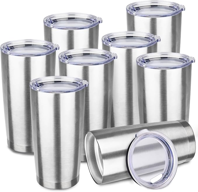 StarSpeed 8 Pack 20oz Stainless Steel Travel Coffee Tumbler,Silver | Travel Coffee Mug Bulk,Spill-proof Lid,Double Wall,BPA-free Travel Cups,Insulated Cup Fits Car Cupholders