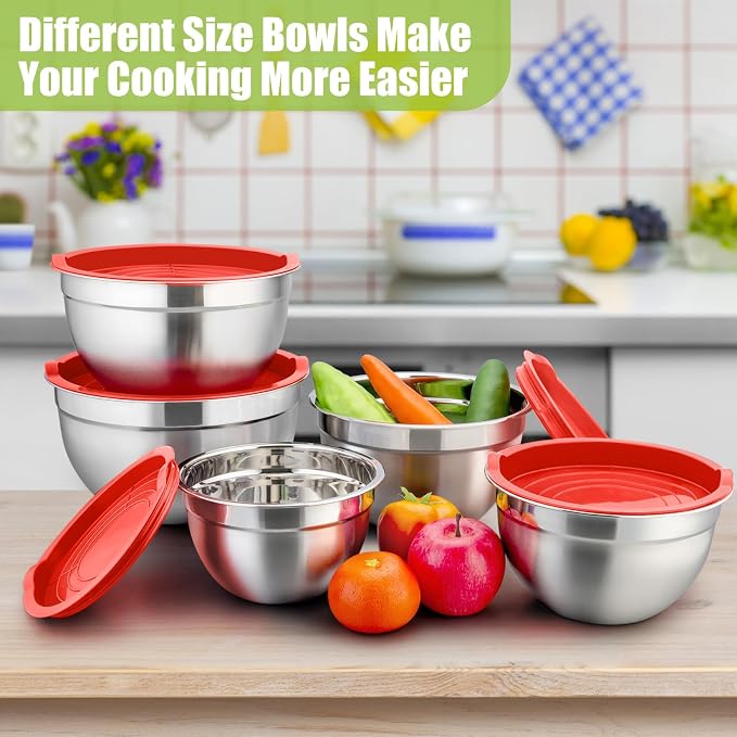 P&P CHEF Metal Mixing Bowls with Lids Set, Airtight Lids & Red | 5 PCS Stainless Steel Mixing Nesting Bowls for Kitchen Prepping, Storing, Healthy & Easy Clean, Size 4.6, 3, 1.5, 1, 0.7 QT