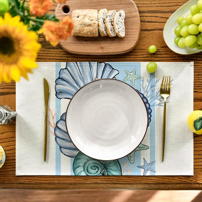 Artoid Mode Sea Shell Starfish Summer Placemats Set of 6, 12x18 Inch Seasonal Holiday Table Mats for Party Kitchen Dining Decoration