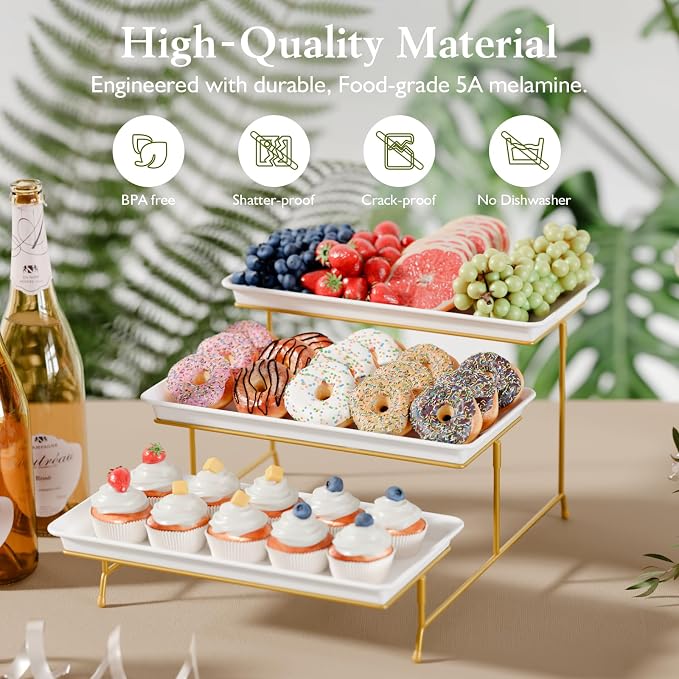 Bumusty 3-Tier Melamine Serving Tray Set, 14 x 7 in, Gold Stand | Melamine Reusable Platters with Metal Display Stand for Cupcakes, Desserts, Fruit, Cookies, Parties, Birthdays and Holidays