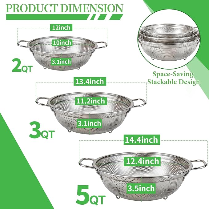 Stainless Steel Colander Set of 3, Micro-Perforated Metal Kitchen Strainer Set with Handles & Feet for Draining Pasta, Washing Rice, Vegetables - Heavy Duty 18/8 Steel (2, 3, 5 Quart)