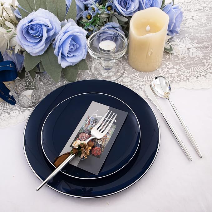 150Pcs Blue Plastic Plates, Disposable Plates with Silverware Set | Navy Blue Plastic Plates set Include 30 Dinner Plates10.25’’,30 Dessert Plates7.5’’,90 Silver Silverware Set for Party