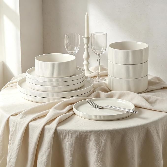 Stoneware Dinnerware Sets for 4, 12Pcs Plates and Bowls Set, Cream White | Handmade Reactive Glaze Ceramic Dishes, Microwave and Dishwasher Safe, Modern Minimalist Ribbed Tableware for Everyday Use