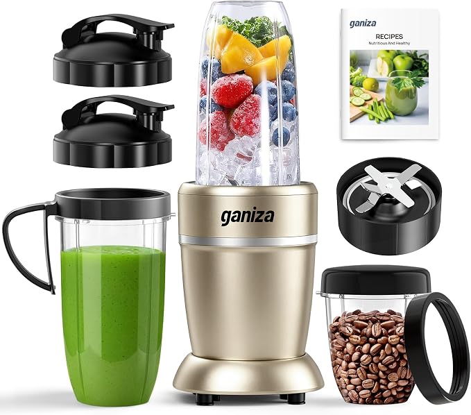 Ganiza Smoothie Blender Max 1300W, Personal Kitchen Blender & Grinder Combo | 23 oz, (2) 37 oz To-Go Cups, 6-Leaf Blade, Portable Maker for Smoothies, Shakes, Frozen Drinks, Sauces, Coffee Beans, Nuts