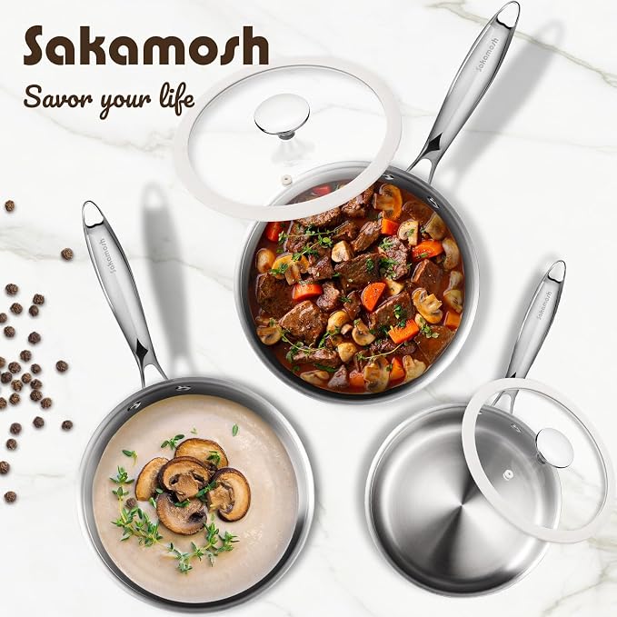 SAKAMOSH 2.5qt Tri-Ply Stainless Steel Saucepan & Lid, Induction Safe | PFAS/PFOA/PTFE-Free, Dishwasher & Oven & Induction Safe, Stay-Cool Handle,Compatible with All Cooktops