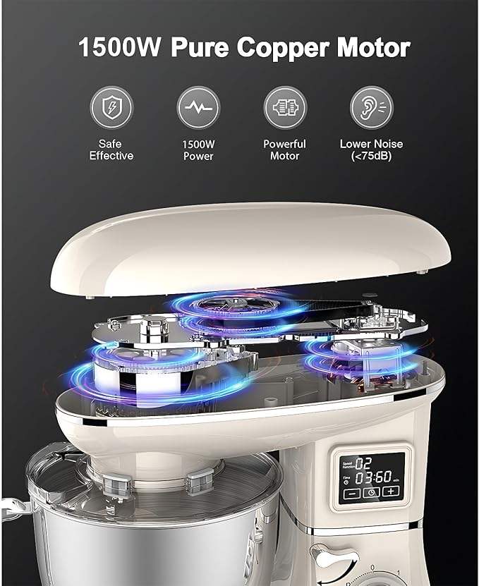 Stand Mixer with LED Display & Timer 6.5QT Stainless Steel Bowl, 1350W 6-Speeds Electric Kitchen Stand Up Mixer for Baking Cakes Cookie Bread Salad Food with Egg Whisk, Dough Hook, Beater - White