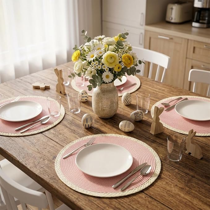 Round Placemats Set of 4, Woven Table Mats, Mint Pink | Braided Paper Edge, 15 Inch Diameter, Fits Dinner Plate and Flatware, Wipeable, Heat Resistant, Indoor Dining, Outdoor Patio