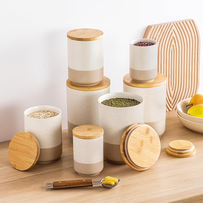 vancasso Sabine Kitchen Canister Set of 3, Ceramic Food Storage Containers with Airtight Wood Lids, Countertop & Pantry Organization for Flour, Sugar, Coffee, Tea & Snacks