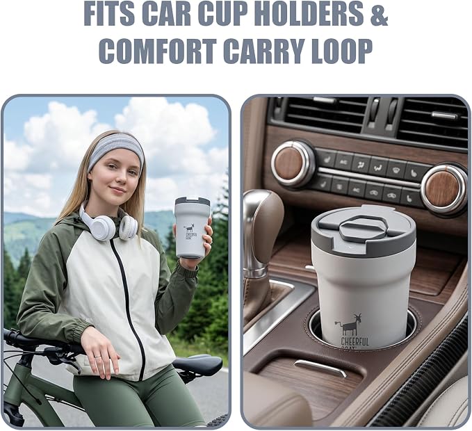 CHEERFUL GOAT Travel Coffee Mug – Stainless Steel Ceramic Lined Mug Insulated Tumbler, with lid, 12oz Leak Proof Cup for Hot and Cold Water Coffee at Home, Office, or On the Go (Grey)