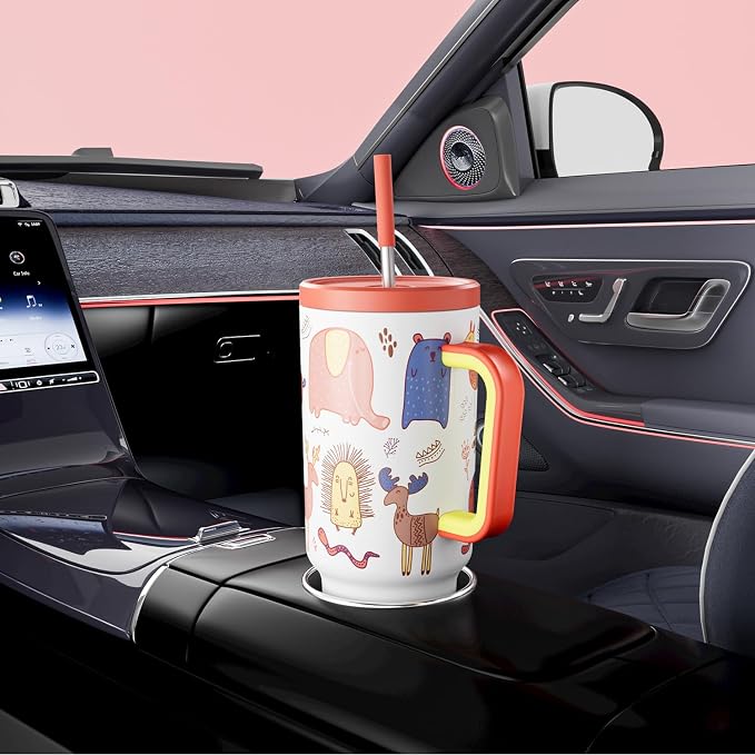 Meoky Glow in the Dark Tumbler: 40 oz Tumbler with Handle and Straw- Stainless Steel Insulated Tumbler for Car Cup Holders - Travelers Commuters Workers (1 Pack, Zoo)
