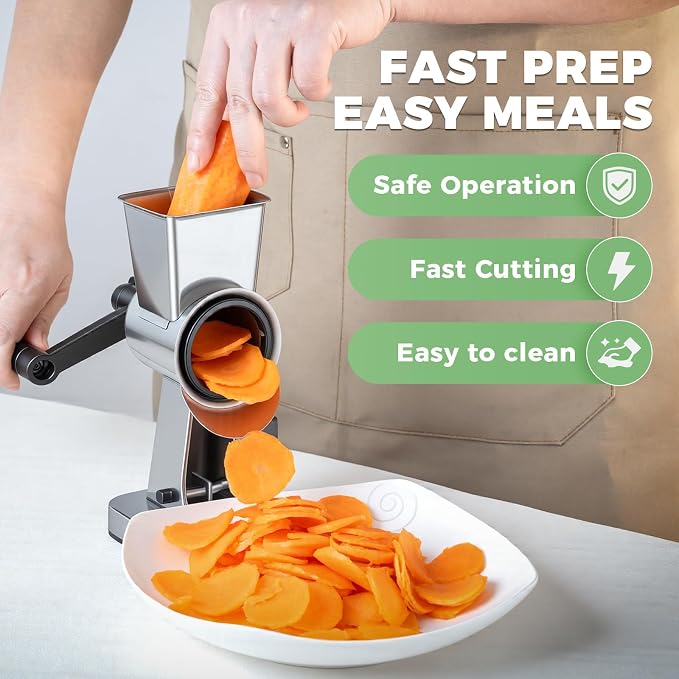 Rotary Cheese Grater Stainless Steel Manual Cheese Shredder Grater Walnuts Grinder with 3 Interchangeable Drum Blades for Chocolate, Cheese and Nuts