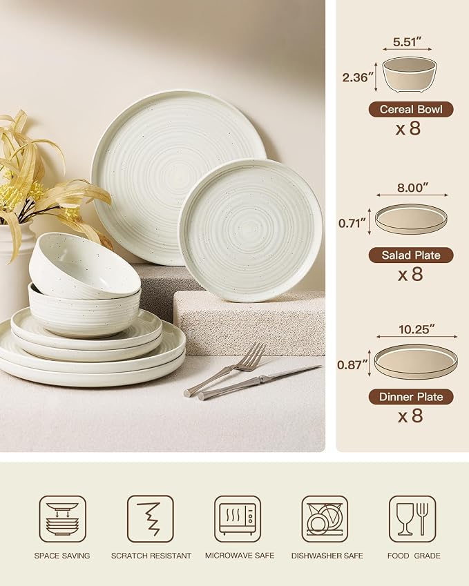 Stoneware Dinnerware Sets for 8, Plates and Bowls, Cream | 24-Piece Ceramic Speckled Spiral Dishes, Chip & Scratch Resistant, Microwave & Dishwasher Safe, Everyday Use, Farmhouse Style