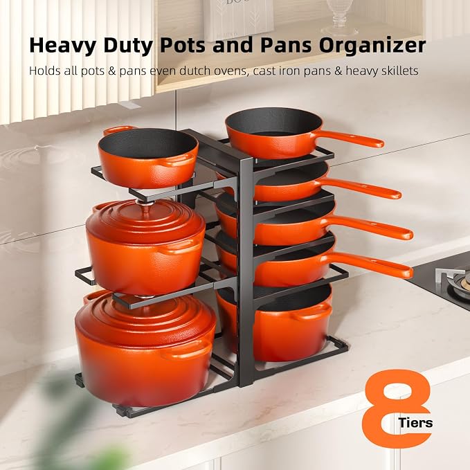 MUDEELA 8-Tier Pots and Pans Organizer under Cabinet, 15.9" H Heavy-duty | 120LBS capacity, 2 Installation Options, Adjustable pot rack holds cast-iron pans, skillets, griddles and shallow pot