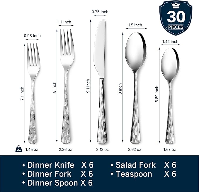 Silverware Set for 6, 30 Piece Flatware Set, 18/10 Stainless Steel | Hammered Mirror Polished Ripple Handles, Dishwasher Safe, Rust Resistant, for Home Kitchen, Wedding, Party, Housewarming Gift