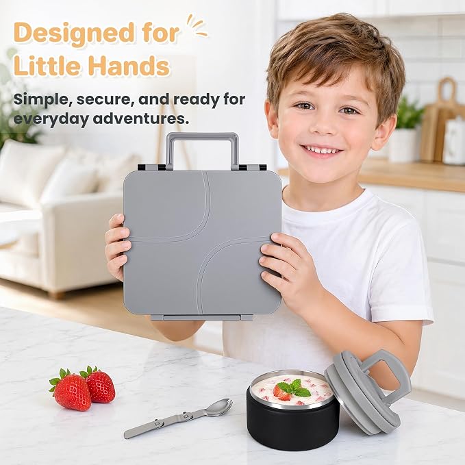 Bento Lunch Box for Kids with 8oz Soup Thermo,Kids Leakproof Lunch Food Containers with 4 Compartment,Kid Insulated Thermo Hot Food Jar for School,Trvael-Black