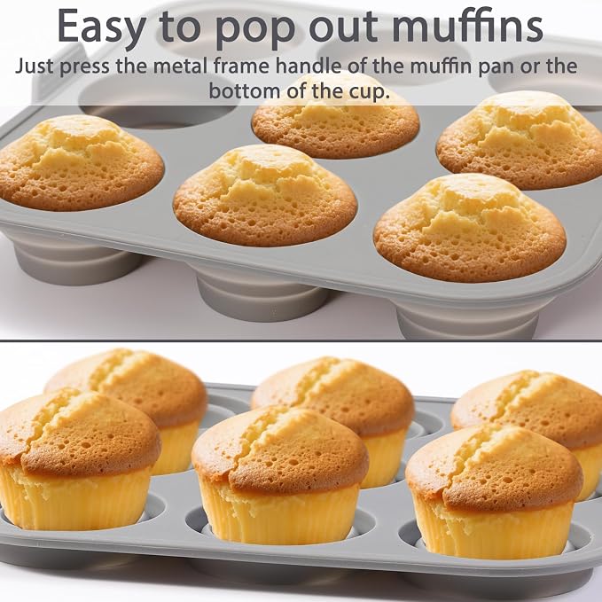 Silicone Muffin Pan Set of 2, 9-Cup Collapsible Cupcake Tray | Easy Pop-Out Release, Foldable & Space-Saving, 7.87 x 7.87 in, Non-Stick Cups, Oven & Air Fryer Safe