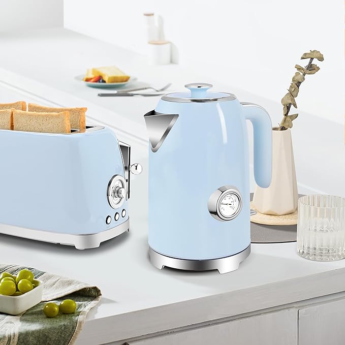 SUSTEAS 57oz Electric Kettle with Thermometer, Hot Water Pot, Blue | Electric Tea Kettle for Boiling Water, 1500W Stainless Steel Pot, Cordless LED Indicator, Auto Shut-Off & Boil Dry Protection