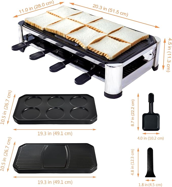 TAMARIT 8-Person Raclette Grill, Electric Table Grill for family gathering | Nonstick Grill plate and extra plate for crepe or pan cake,1500W