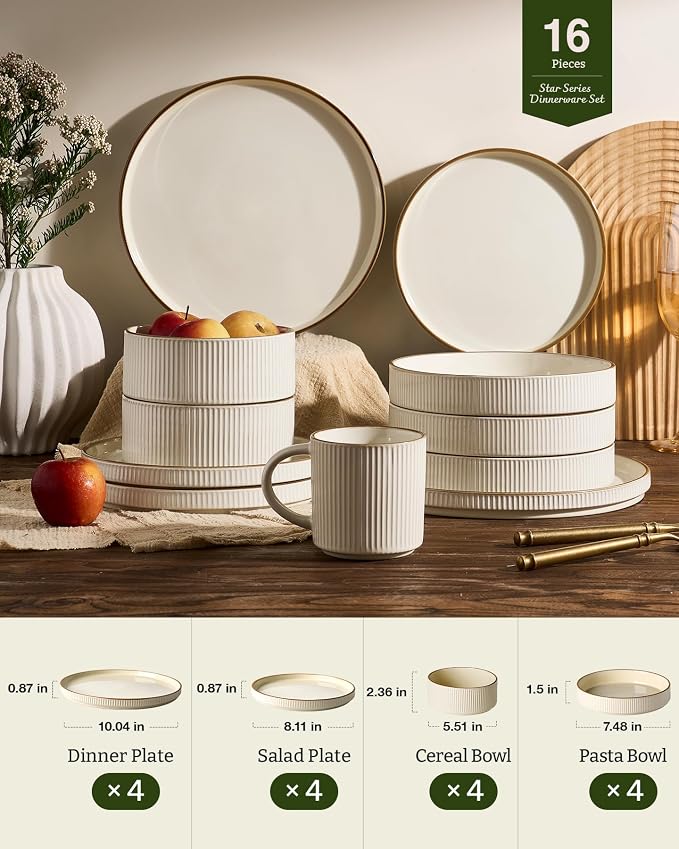 Famiware Star Stoneware Dinnerware Sets with Pasta Bowls, 16pc Dishes for 4 | Ceramic Plates and Double Bowls with Rim. Chip & Scratch Resistant. Microwave & Dishwasher Safe, Everyday & Formal Use, Cream