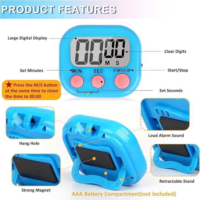 ZILLEEN Classroom Timer for Kids Teachers 6 Pack Digital Timers Blue White | Strong Magnetic, Large Screen, Big Button, Teacher Classroom Must Haves Kitchen Timers for Cooking Egg Exercise Study