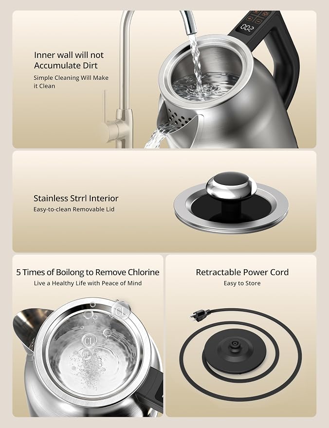 Airyoyo 1.7L 1500W Electric Tea Kettle with 13 Temperature Settings | Strix Thermostat, LED Display&Touch Control, Auto Shut-Off Protection