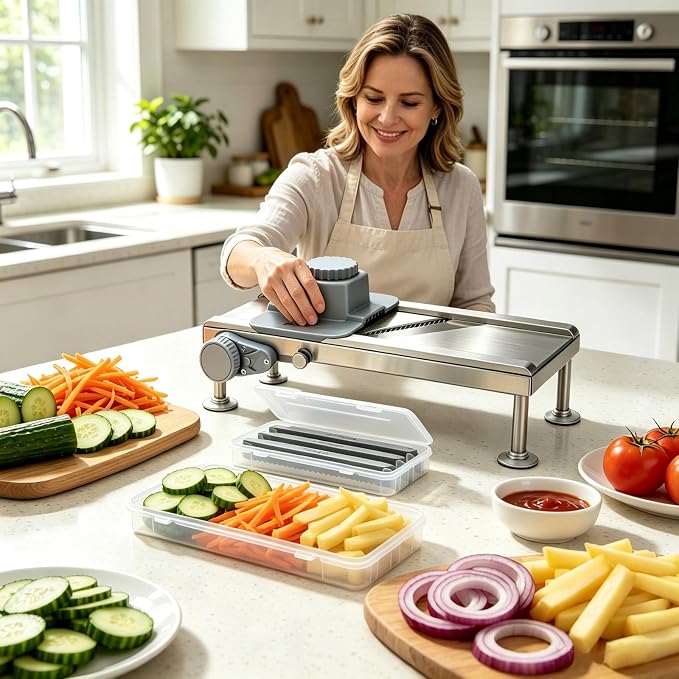 Goldtree Mandoline Slicer Adjustable Vegetable Onion Potato Food Cutter | Stainless steel structure, Precisely adjustable slice thickness, 3 strip-cutting blades, Latest safety hand guard