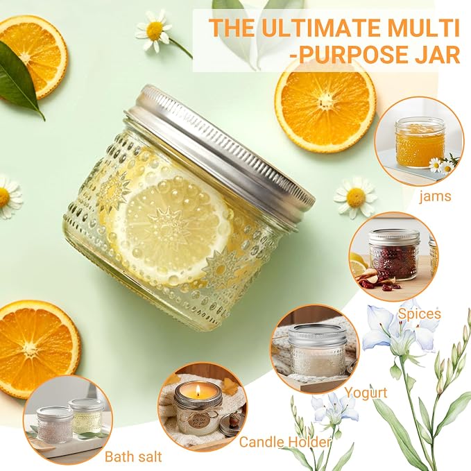 4 oz Small Embossed Mason Jars 40-Pack with Airtight Lids, Leakproof | Mini Canning Jars, Reusable, for Jam/Jelly/Honey, Spices, DIY Candles, Wedding Favors & Gift Packaging