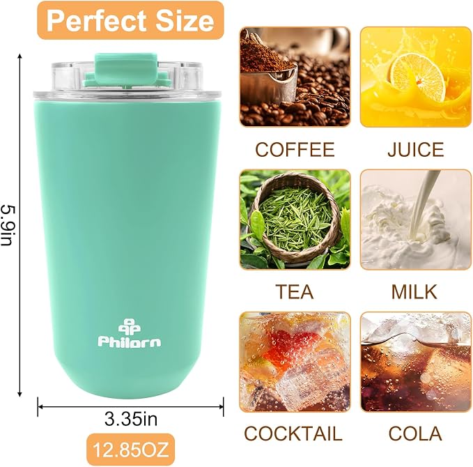 PHILORN Coffee Mug 12 OZ Tumbler, Green Travel Coffee Mug with Lid | Coffee Thermos for Hot & Cold Drinks, Insulated Stainless Steel Travel Coffee Cup with Double Wall