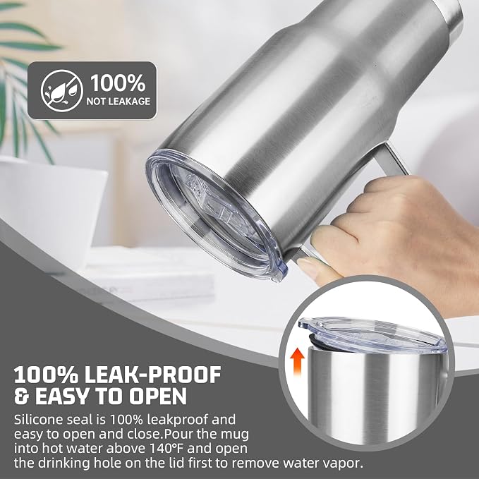 20 oz Tumbler with Handle Stainless Steel Insulated Coffee Tumbler with Lid and Straw Double Wall Vacuum Insulated Coffee Mug Leak Proof Travel Mug Tumbler for Hot and Cold Drink (Silver,6pack)