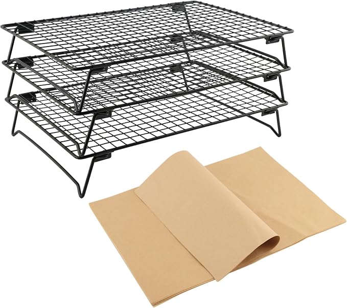 3 Pcs Cooling Rack, Stainless Steel Cooling Racks for Cooking and Baking | Bread Cake Cookie Stackable Cooling Racks 10"x13.5", Oven and Dishwasher Safe, 50 Parchment Paper Included