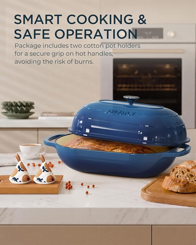 Enameled Cast Iron Bread Oven, 5QT Cast Iron Dutch Oven for Homemade Sourdough Bread Baking, Oval Bread Pot with Dome Lid & Cotton Potholders, Navy Blue