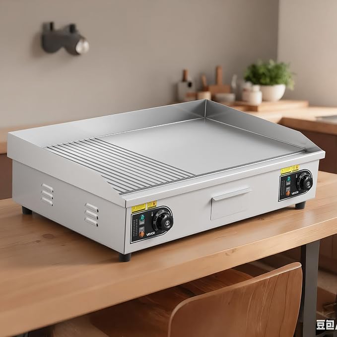 VEVOR Commercial Electric Griddle, 30" No Plug, Countertop Flat Top Griddle, Stainless Steel Teppanyaki Grill w/Iron Cooking Plate, 122-572℉ Adjustable Temp Control, 2 Shovels & Brushes
