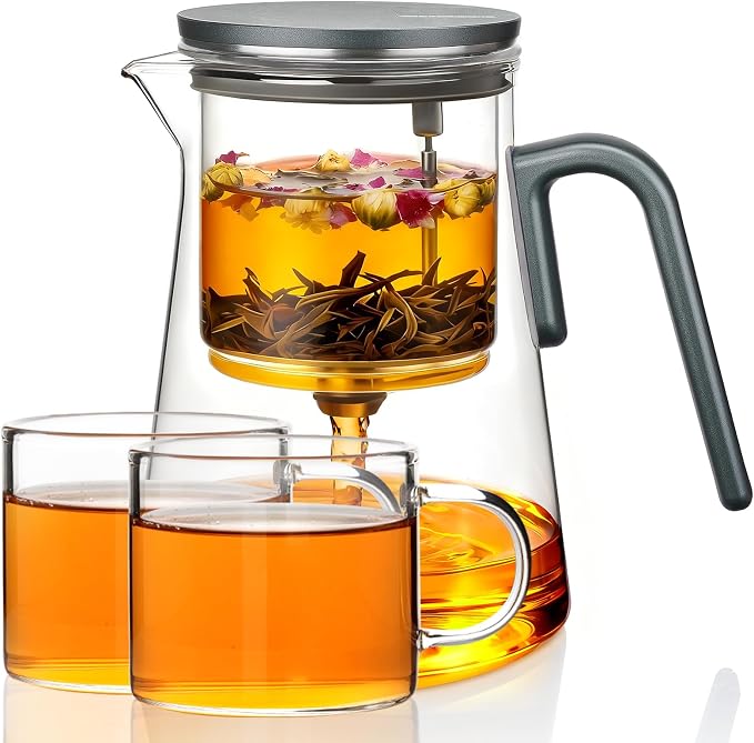 ZENS Magnetic Glass Infuser Teapot with 2 Cups for Loose Tea Steeper, 34oz | Magic Glass Teapot with Infusers for Loose Tea Steeper, Echanted Tea Pot for Herbal Tea Lovers, Dark Green