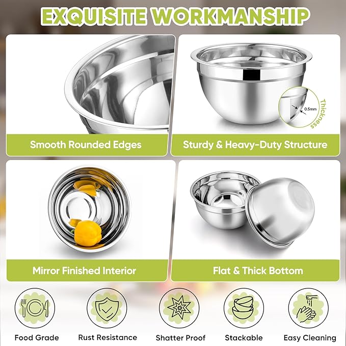 TeamFar Mixing Bowls Set of 5, Stainless Steel Metal Salad Bowls with Lids | 4.5/3/1.5/1/0.7 QT, Nesting Bowls for Mixing Prepping Serving, Non-Toxic & Sturdy, Airtight Lid & Easy Clean, Multi-Color