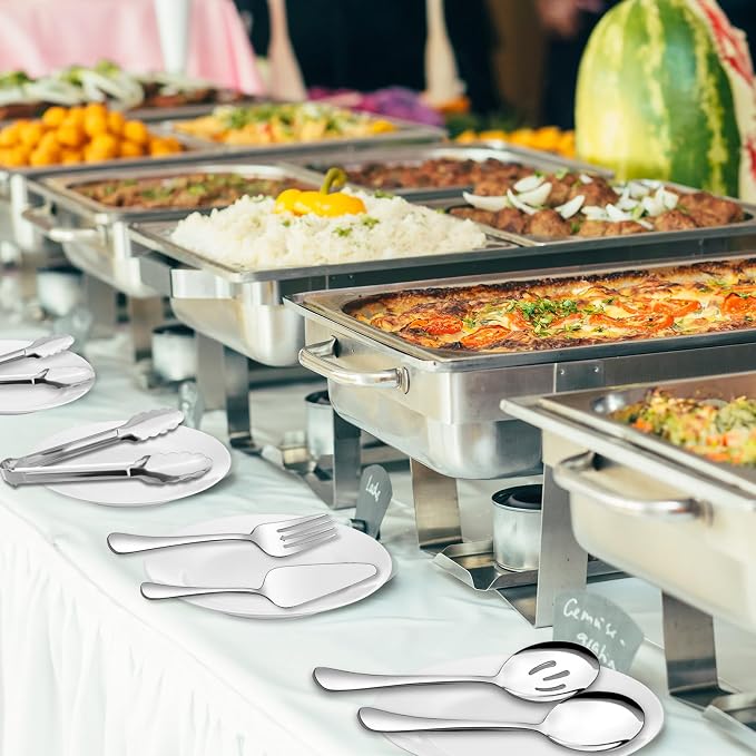 Serving Utensils,XEVOM 6-Piece Stainless Steel Serving Utensil Set Silver | Include Serving Spoon, Slotted Serving Spoon, Serving Fork,Serving Tong, Appetizers Tong,Pie Server,dishwasher safe