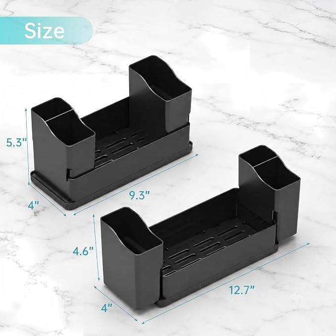 Sponge Holder for Kitchen Sink with Drying Stone, Black | Kitchen Caddy Sink Organizer, 2 Removable Cups, Premium ABS, Anti-Slip, 12.7" Sponge and Soap Holder for Kitchen Counter