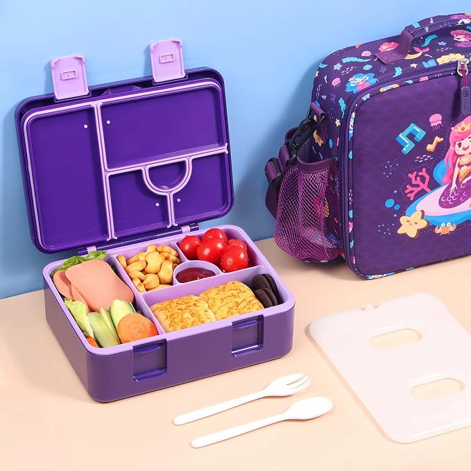 rockpapa Chill Bento Box for Kids with Ice Pack, 5-Compartments, Mermaid | Large 5.5 Cups, BPA-Free, Leak Proof, with Utensils & Handle, Microwave/Dishwasher Safe, for School, Picnic, Boys, Girls