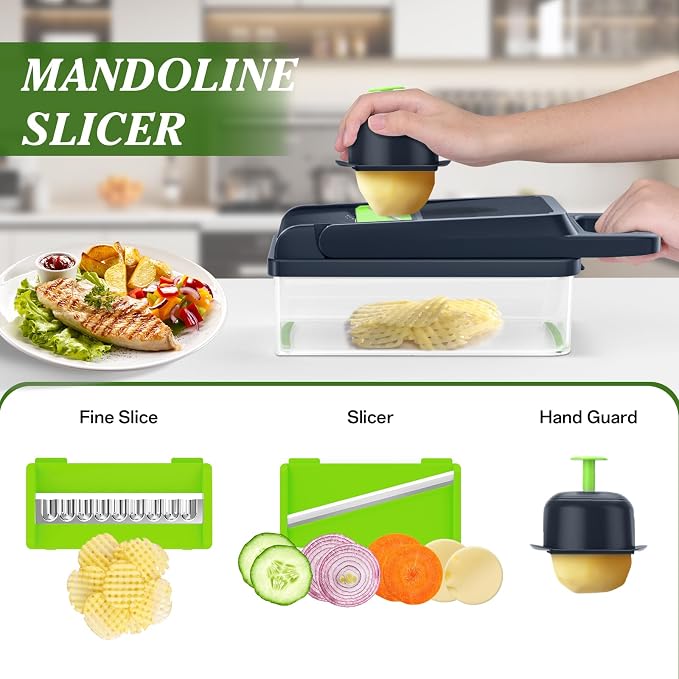 HomeHacks Veggie Chopper Vegetable Cutter, 15 in 1 Kitchen Gadget, Green | Dicer, Slicer, Cutter, Slap Chop, Cheese Grater & Egg Separator - Multi-Functional Salad Fruit Onion Chopper with Container