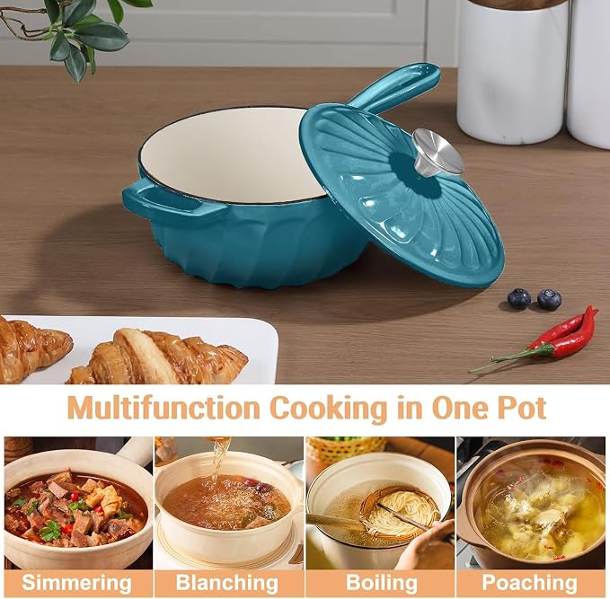 Enameled Cast Iron Sauce Pan with Lid, 2 Quart Saucepan with Lid | Dutch Oven with Lid, Small Cast Iron Pot for Cooking Pasta, Soup, Milk, Induction & Oven Safe Up to 500°F, Blue-green