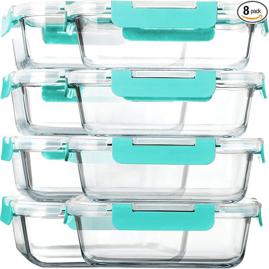 M MCIRCO 8 Pack,30 oz Glass Food Storage Containers with Lids, Green | Glass Meal Prep Containers,Airtight Lunch Containers with Lids, Microwave, Oven, Freezer and Dishwasher Friendly, BPA Free
