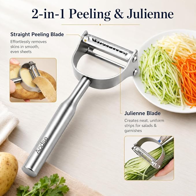 2-in-1 Julienne Vegetable Peeler, Stainless Steel Y Peeler with Dual Blades | Kitchen Peeler with Sharp Blades for Fruits & Vegetables, Ergonomic Handle, Durable and Easy to Clean