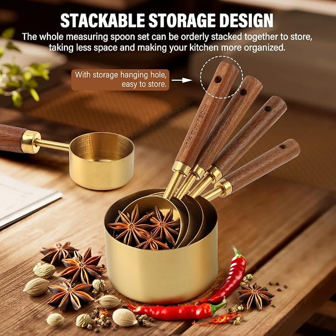 8Pcs Gold Measuring Cups and Spoons Set, Golden Stainless Steel Measuring Cups with Wooden Handle and 4 Measuring Spoons Set for Kitchen Baking Cooking